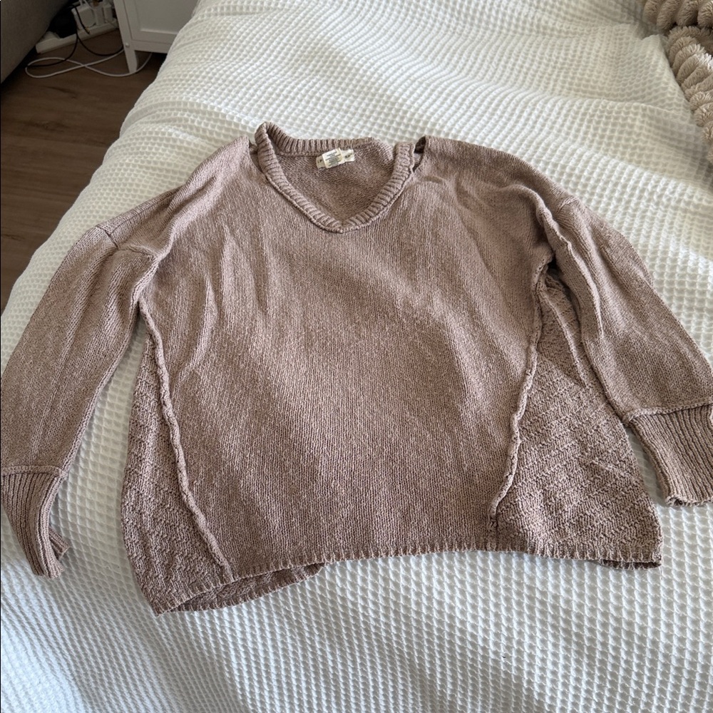 If It Were Me V-Neck Oversized Textured Sweater - Taupe/ Beige